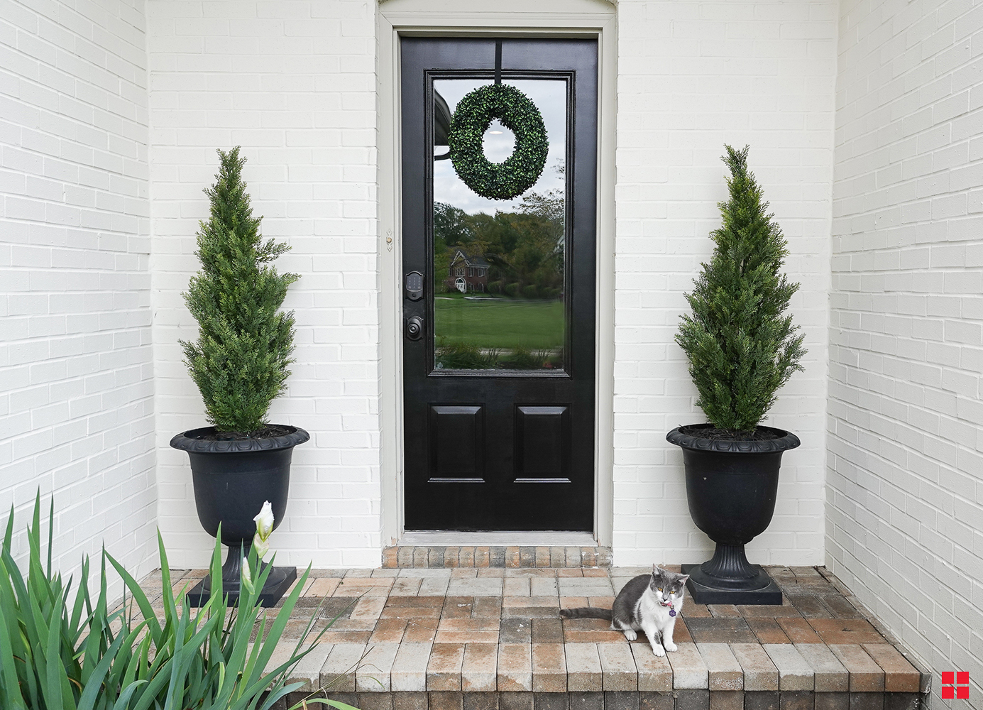 Black front door with trees in black urns on either side. 