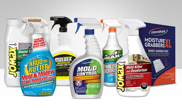 Bottles of Krud Kutter, Concrobium, Moldex and Mean Green cleaning products.