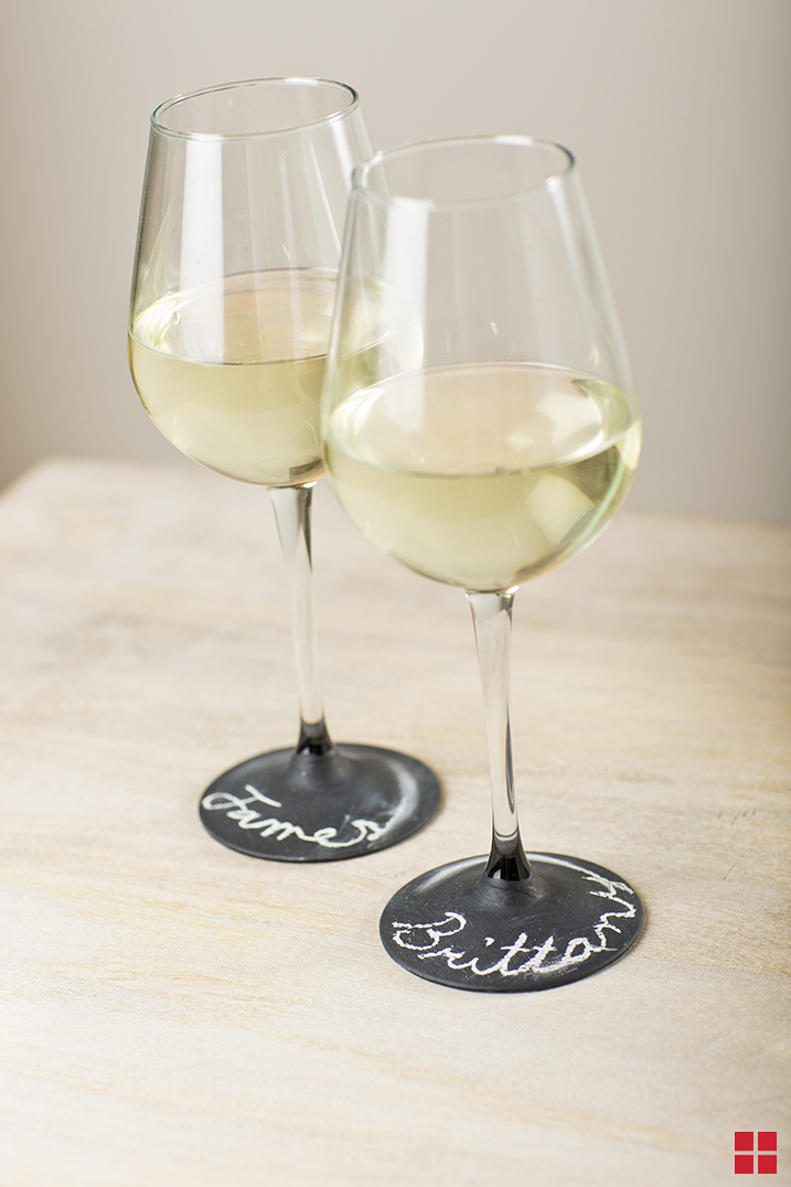 Wine glasses painted with chalkboard paint