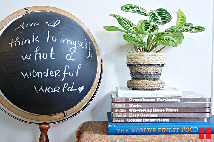Globe painted with chalkboard paint with books on side