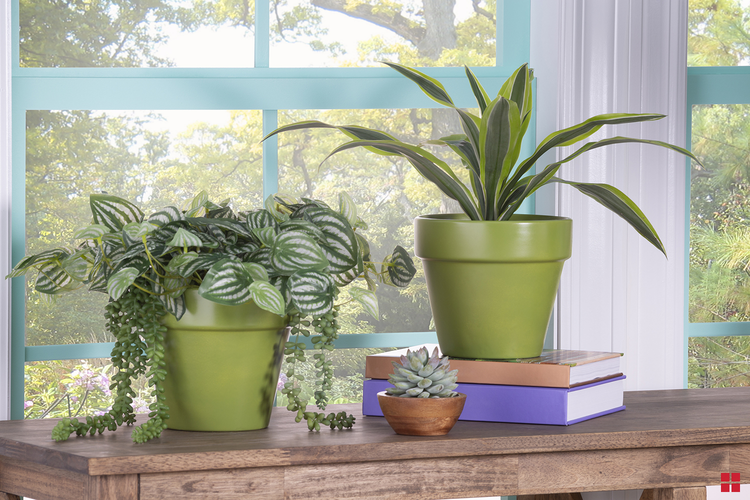 Two plants in matching green pots sitting on a table in front of a window. 