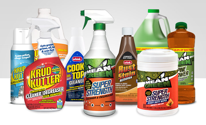 Bottles of Krud Kutter and Mean Green cleaning products.