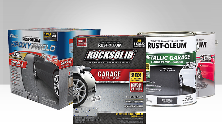 Boxes of EpoxyShield and RockSolid garage floor epoxy and cans of garage floor paint.