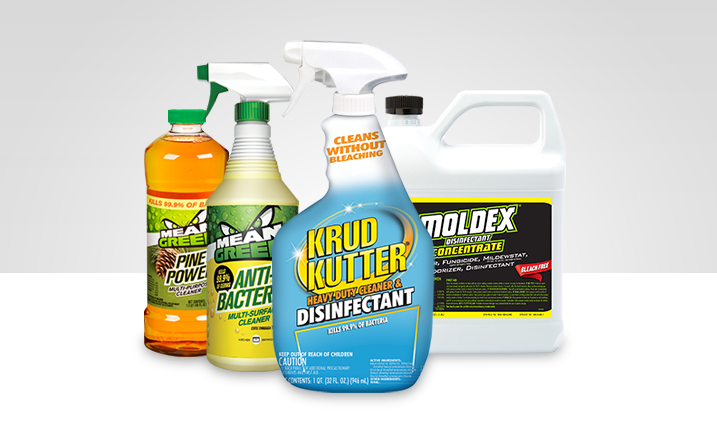 COVID image alt tag: Bottles of Krud Kutter, Mean Green and Moldex household cleaning products.