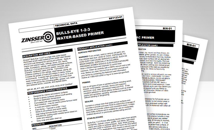Zinsser Bulls Eye 1-2-3 primer technical documents.