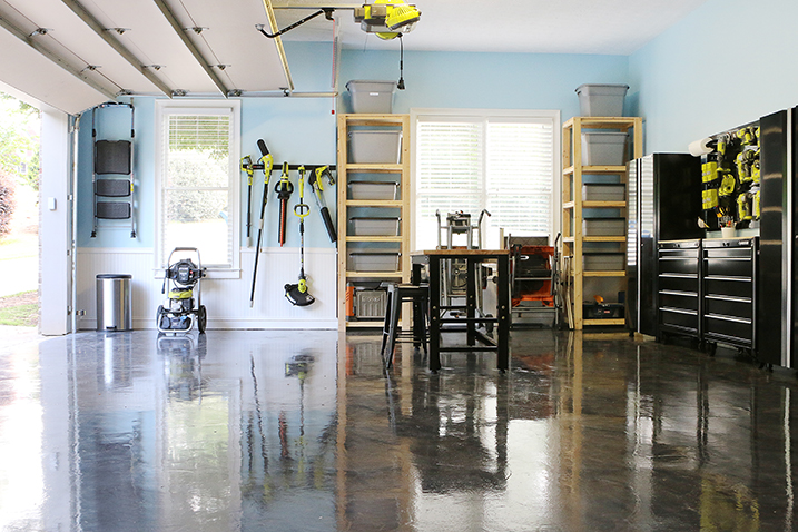 Garage floor coated with RockSolid Metallic floor coating in Gunmetal