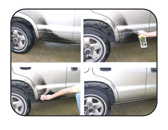 Spray paint on car being cleaned off with Krud Kutter Graffiti Remover