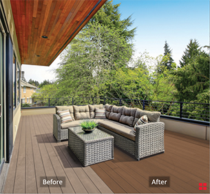 Wood deck with some faded floor boards and some new-looking floor boards.