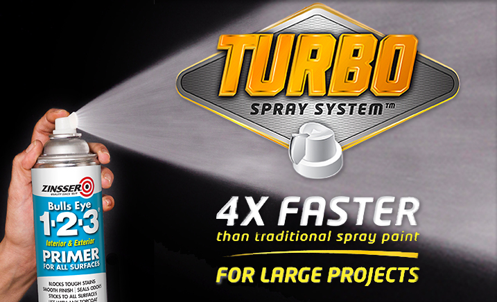 Can of Zinsser Bulls Eye 1-2-3 Turbo spray primer and wide fan spray. 