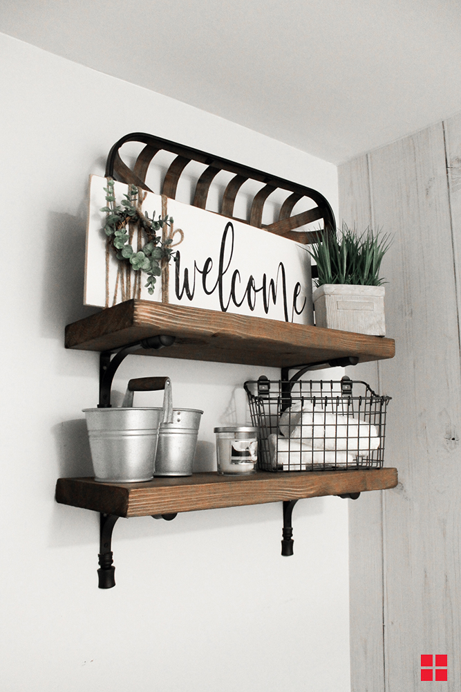 Stained wood shelves on wall. 
